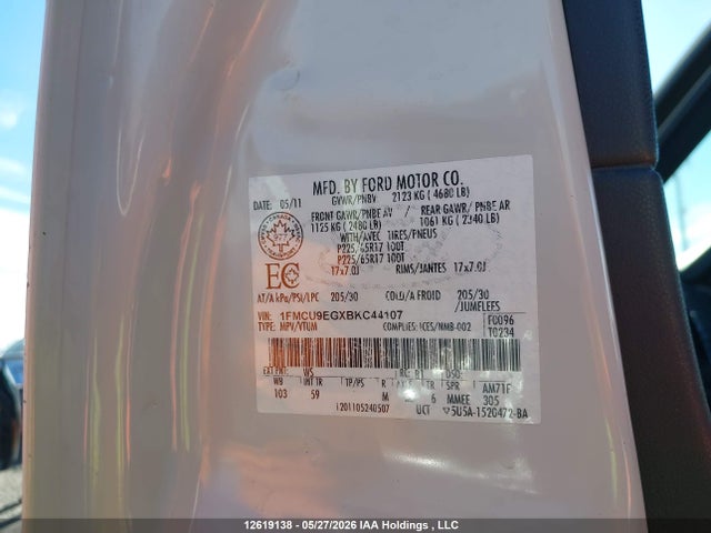 12619138 :رقم المزاد ، 1FMCU9EGXBKC44107 vin ، 2011 Ford Escape Limited مزاد بيع
