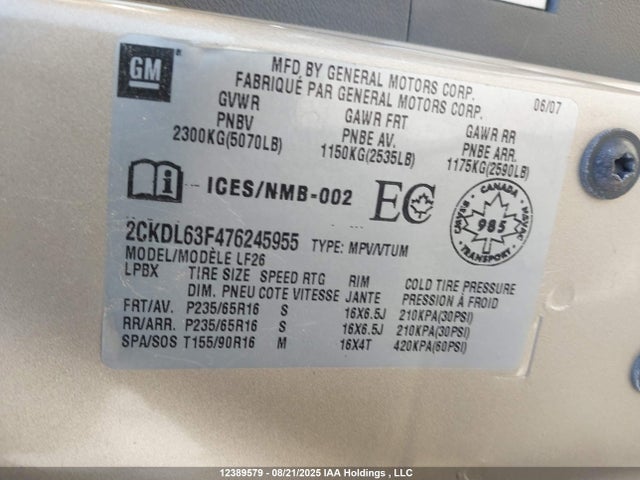 Продаж на аукціоні авто 2006 Pontiac Torrent Sport, vin: 2CKDL63F766175169, номер лоту: 12389579