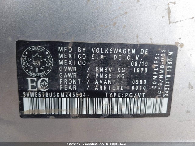 Aukcja sprzedaży 2019 Volkswagen Jetta 1.4 Tsi Highline, vin: 3VWE57BU3KM245534, numer aukcji: 12619146
