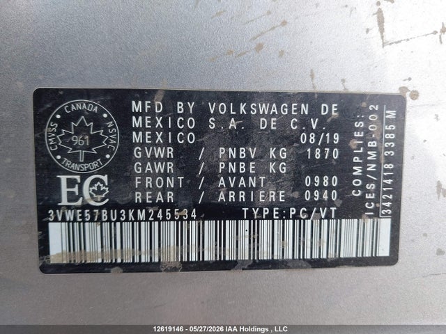 Aukcja sprzedaży 2019 Volkswagen Jetta 1.4 Tsi Highline, vin: 3VWE57BU3KM245534, numer aukcji: 12619146