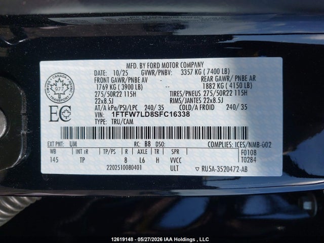 Продажа на аукционе авто 2025 Ford F150 Platinum, vin: 1FTFW7LD8SFC16338, номер лота: 12619148