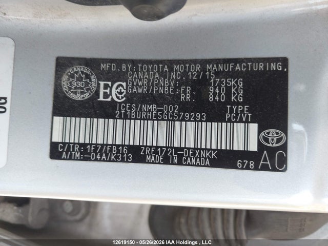 12619150 :رقم المزاد ، 2T1BURHE5GC579293 vin ، 2016 Toyota Corolla Le مزاد بيع