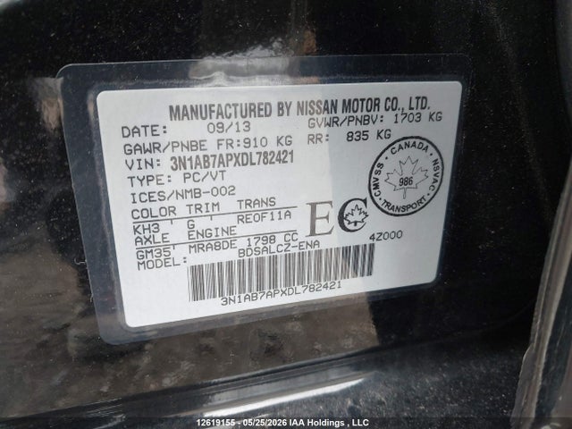Aukcja sprzedaży 2013 Nissan Sentra 1.8 S/1.8 Sv, vin: 3N1AB7APXDL782421, numer aukcji: 12619155