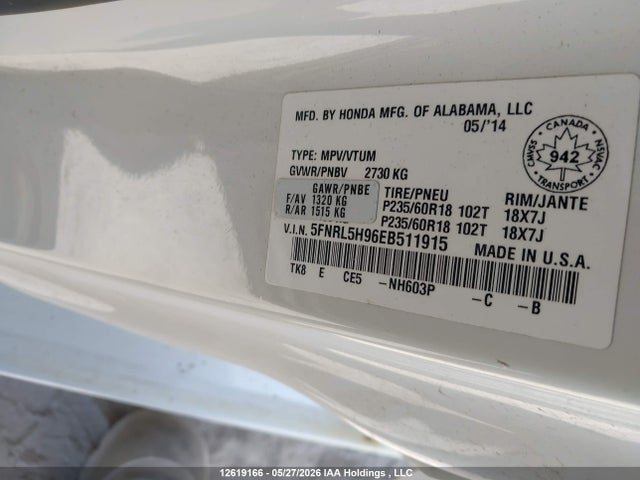 Aukcja sprzedaży 2014 Honda Odyssey Touring, vin: 5FNRL5H96EB511915, numer aukcji: 12619166