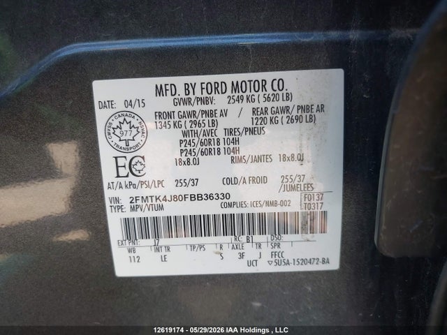12619174 :رقم المزاد ، 2FMTK4J80FBB36330 vin ، 2015 Ford Edge Sel مزاد بيع