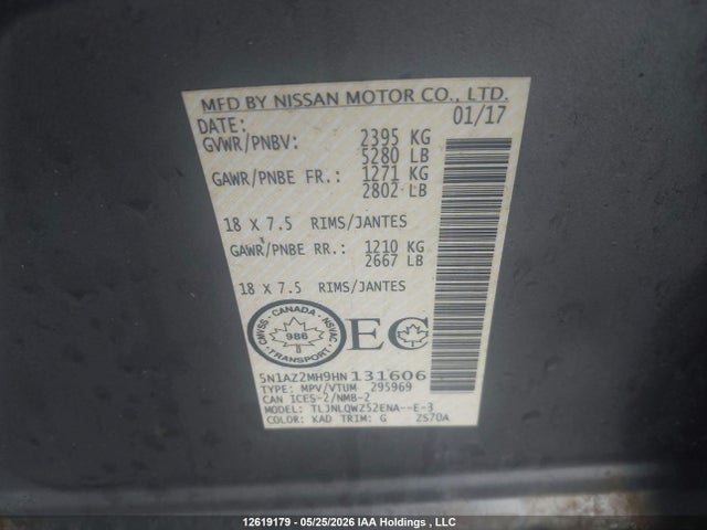 5N1AZ2MH9HN131606 Nissan Murano Platinum/sl/sv