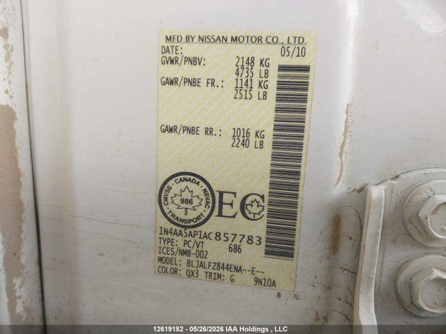 12619182 :رقم المزاد ، 1N4AA5AP1AC857783 vin ، 2010 Nissan Maxima S/sv مزاد بيع