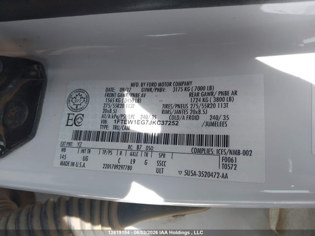 2018 Ford F-150 Xlt მანქანა იყიდება აუქციონზე, vin: 1FTEW1EG7JKC37252, აუქციონის ნომერი: 12619184