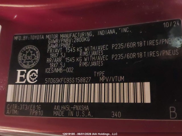 2025 Toyota Sienna Le/xse/limited/platinum მანქანა იყიდება აუქციონზე, vin: 5TDGSKFC9SS158827, აუქციონის ნომერი: 12619185