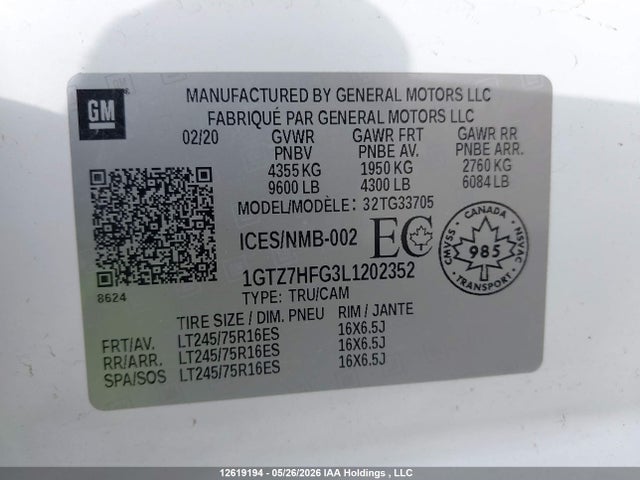 Aukcja sprzedaży 2020 Gmc Savana G3500, vin: 1GTZ7HFG3L1202352, numer aukcji: 12619194