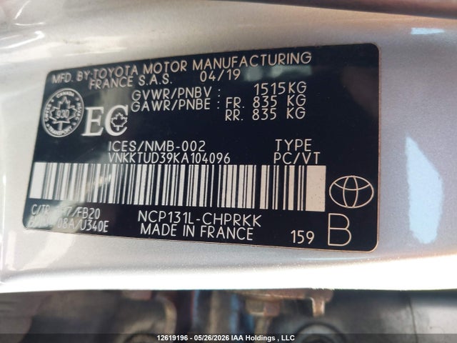 12619196 :رقم المزاد ، VNKKTUD39KA104096 vin ، 2019 Toyota Yaris L/le/se مزاد بيع