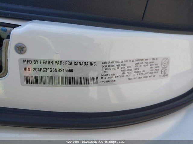 12619198 :رقم المزاد ، 2C4RC3FG8NR216566 vin ، 2022 Chrysler Pacifica Touring مزاد بيع