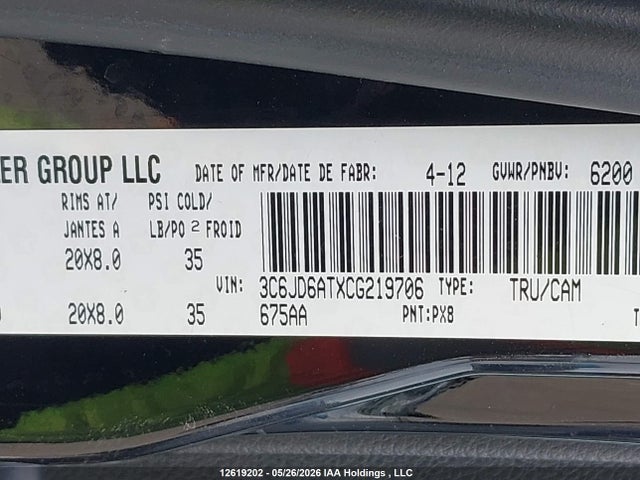 Aukcja sprzedaży 2012 Ram 1500 St, vin: 3C6JD6ATXCG219706, numer aukcji: 12619202