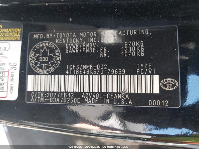2007 Toyota Camry Le/se მანქანა იყიდება აუქციონზე, vin: 4T1BE46K57U179659, აუქციონის ნომერი: 12619206