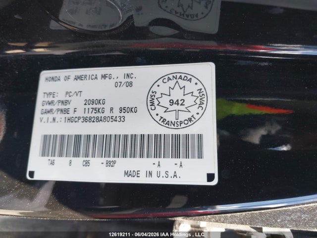 Продаж на аукціоні авто 2008 Honda Accord, vin: 1HGCP36828A805433, номер лоту: 12619211