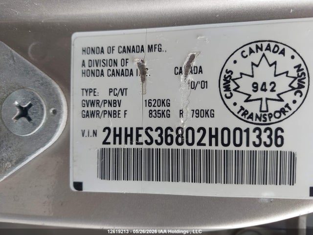 Продажа на аукционе авто 2002 Acura 1.7el Premium, vin: 2HHES36802H001336, номер лота: 12619213