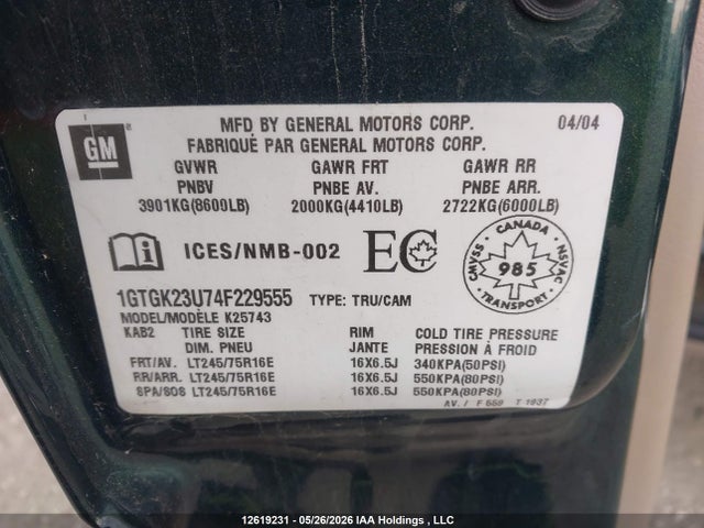 Aukcja sprzedaży 2004 Gmc Sierra 2500 Sle/slt, vin: 1GTGK23U74F229555, numer aukcji: 12619231