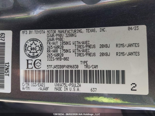 Продажа на аукционе авто 2023 Toyota Tundra Limited, vin: 5TFJA5DB8PX096830, номер лота: 12619234