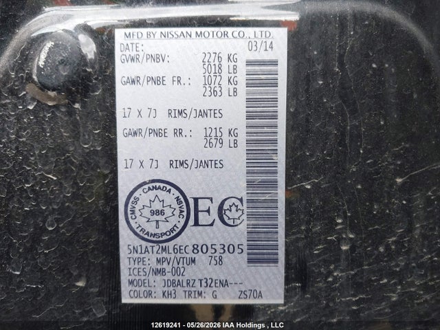12619241 :رقم المزاد ، 5N1AT2ML6EC805305 vin ، 2014 Nissan Rogue S/sv مزاد بيع