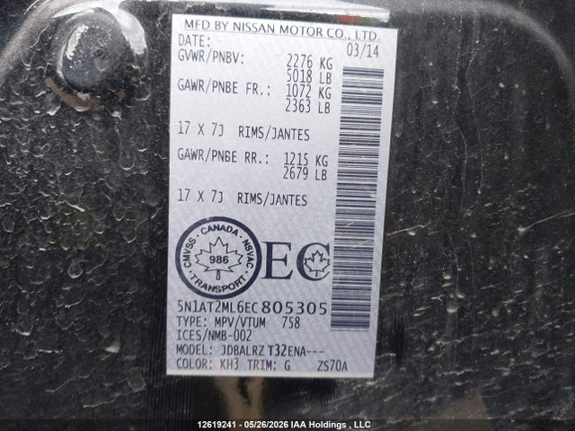 12619241 :رقم المزاد ، 5N1AT2ML6EC805305 vin ، 2014 Nissan Rogue S/sv مزاد بيع