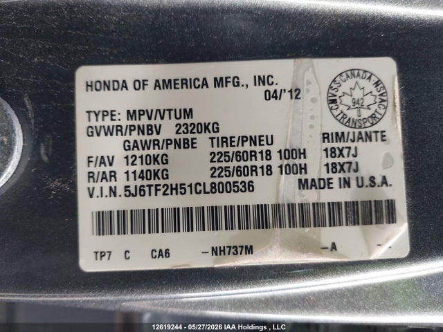 Aukcja sprzedaży 2012 Honda Crosstour Ex-l, vin: 5J6TF2H51CL800536, numer aukcji: 12619244