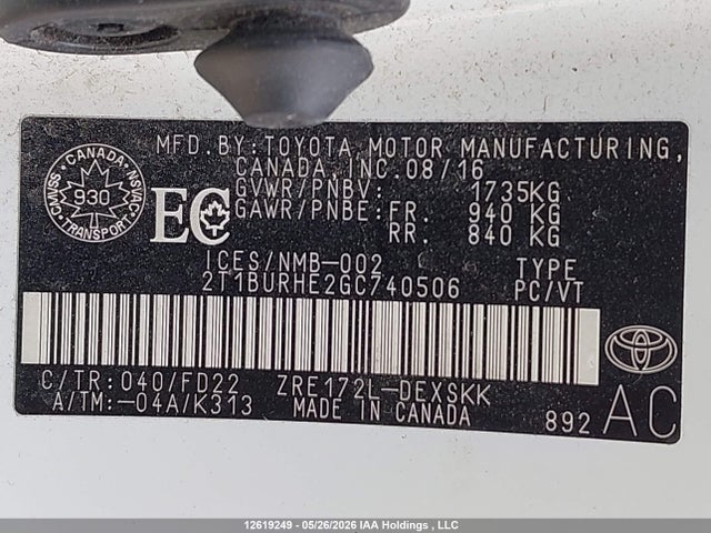 Продажа на аукционе авто 2016 Toyota Corolla L/le/le Pls/prm/s/s Pls, vin: 2T1BURHE2GC740506, номер лота: 12619249
