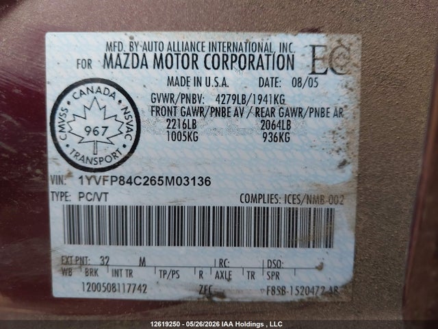 2006 Mazda Mazda6 Gs-i4 მანქანა იყიდება აუქციონზე, vin: 1YVFP84C265M03136, აუქციონის ნომერი: 12619250