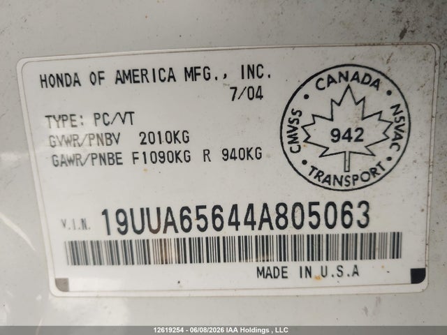 Aukcja sprzedaży 2004 Acura Tl, vin: 19UUA65644A805063, numer aukcji: 12619254