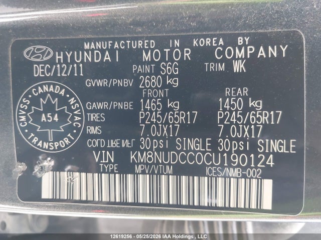 2012 Hyundai Veracruz Gl მანქანა იყიდება აუქციონზე, vin: KM8NUDCC0CU190124, აუქციონის ნომერი: 12619256