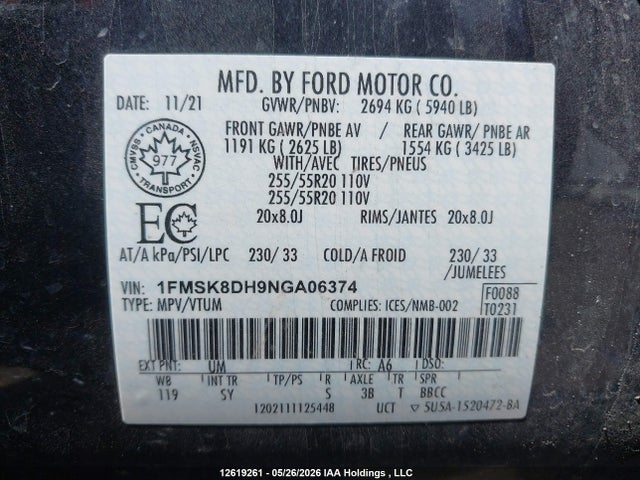 Продажа на аукционе авто 2022 Ford Explorer Xlt, vin: 1FMSK8DH9NGA06374, номер лота: 12619261