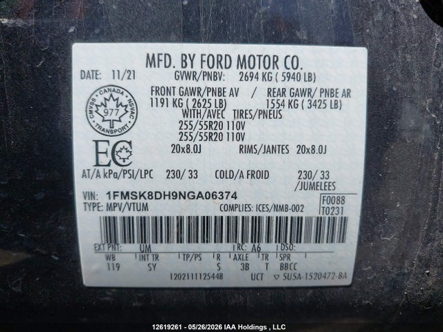 Продажа на аукционе авто 2022 Ford Explorer Xlt, vin: 1FMSK8DH9NGA06374, номер лота: 12619261