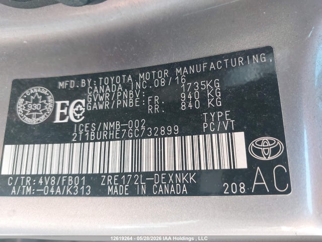 Aukcja sprzedaży 2016 Toyota Corolla Le, vin: 2T1BURHE7GC732899, numer aukcji: 12619264