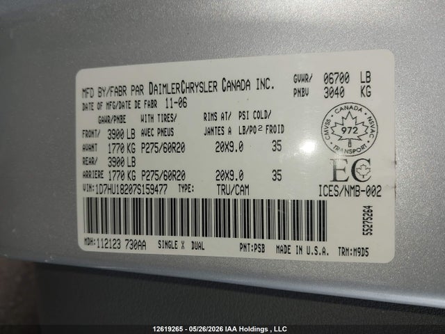 Продаж на аукціоні авто 2007 Dodge Ram 1500 Slt/trx4 Off Road/sport, vin: 1D7HU18207S159477, номер лоту: 12619265