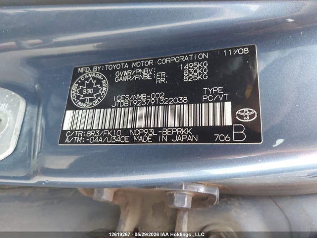 12619267 :رقم المزاد ، JTDBT923791322038 vin ، 2009 Toyota Yaris مزاد بيع