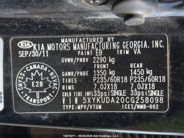 12619271 :رقم المزاد ، 5XYKUDA20CG258098 vin ، 2012 Kia Sorento Ex Luxury V6/ex V6 مزاد بيع