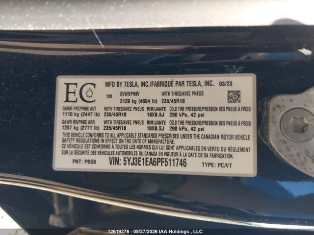 Aukcja sprzedaży 2023 Tesla Model 3, vin: 5YJ3E1EA6PF511746, numer aukcji: 12619276