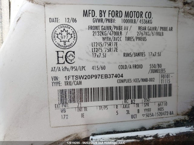 2007 Ford F250 Super Duty მანქანა იყიდება აუქციონზე, vin: 1FTSW20P97EB37404, აუქციონის ნომერი: 12619285