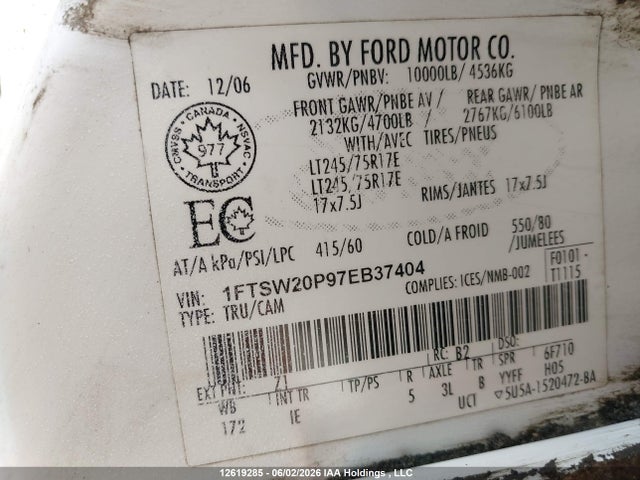 2007 Ford F250 Super Duty მანქანა იყიდება აუქციონზე, vin: 1FTSW20P97EB37404, აუქციონის ნომერი: 12619285