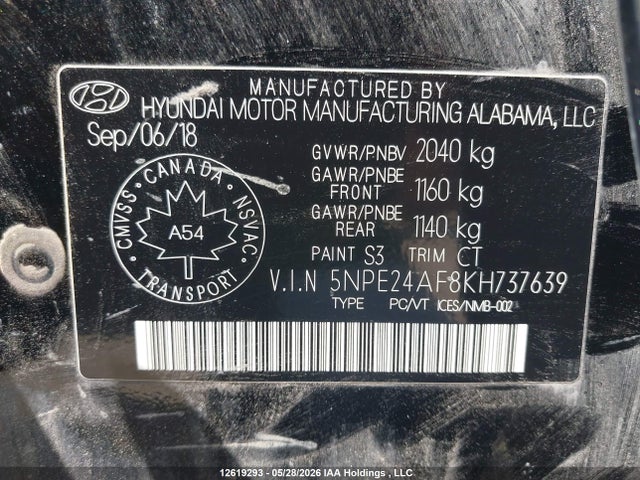 2019 Hyundai Sonata Se მანქანა იყიდება აუქციონზე, vin: 5NPE24AF8KH737639, აუქციონის ნომერი: 12619293