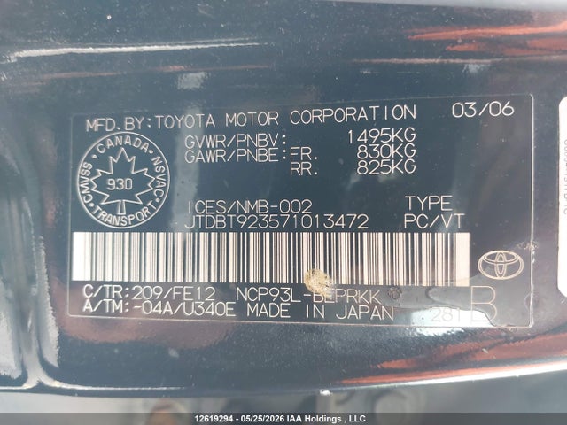 12619294 :رقم المزاد ، JTDBT923571013472 vin ، 2007 Toyota Yaris مزاد بيع