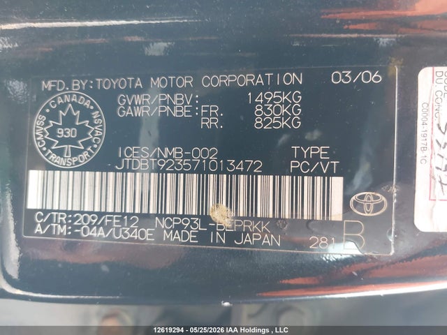 12619294 :رقم المزاد ، JTDBT923571013472 vin ، 2007 Toyota Yaris مزاد بيع