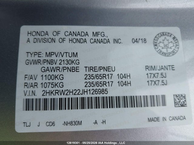 Продаж на аукціоні авто 2018 Honda Cr-v Lx, vin: 2HKRW2H22JH126985, номер лоту: 12619301