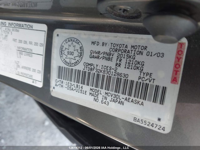 Aukcja sprzedaży 2003 Toyota Camry, vin: JTDBF32K830128630, numer aukcji: 12619312