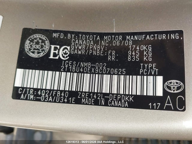 2009 Toyota Corolla S/le/xle მანქანა იყიდება აუქციონზე, vin: 2T1BU40EX9C070625, აუქციონის ნომერი: 12619313
