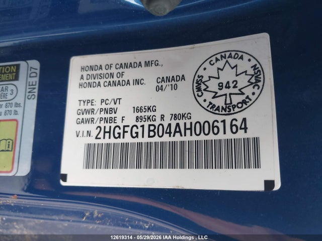 Aukcja sprzedaży 2010 Honda Civic Exl, vin: 2HGFG1B04AH006164, numer aukcji: 12619314