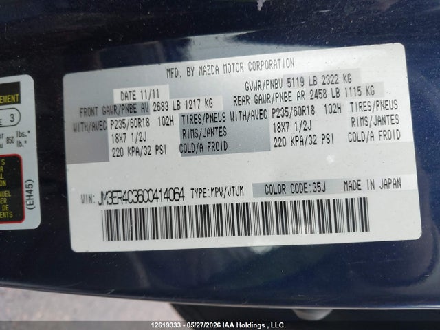 Aukcja sprzedaży 2012 Mazda Cx-7, vin: JM3ER4C3600414064, numer aukcji: 12619333