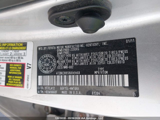 Aukcja sprzedaży 2011 Toyota Venza, vin: 4T3BK3BB5BU049468, numer aukcji: 12619335