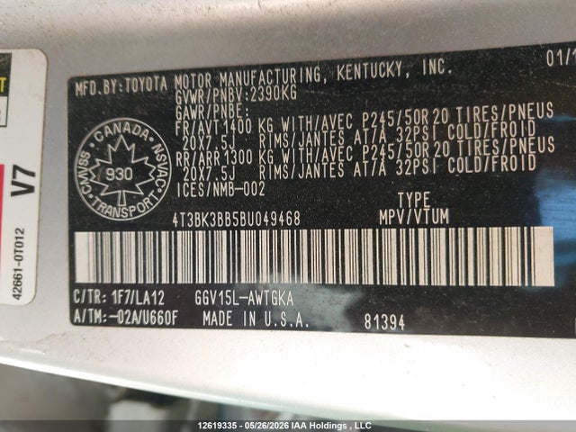 Aukcja sprzedaży 2011 Toyota Venza, vin: 4T3BK3BB5BU049468, numer aukcji: 12619335