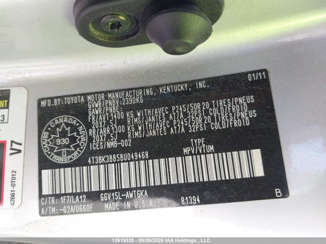 Aukcja sprzedaży 2011 Toyota Venza, vin: 4T3BK3BB5BU049468, numer aukcji: 12619335