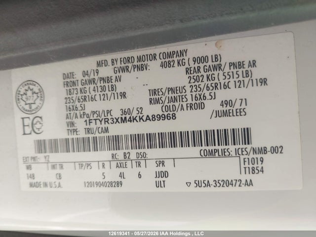 12619341 :رقم المزاد ، 1FTYR3XM4KKA89968 vin ، 2019 Ford Transit-250 مزاد بيع